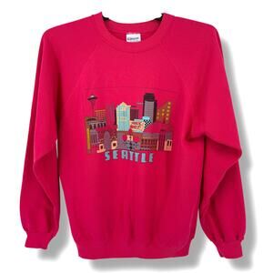 Vtg 80s 90s Seattle Space Needle Pikes Place Market Hot Pink Sweatshirt Sz XL